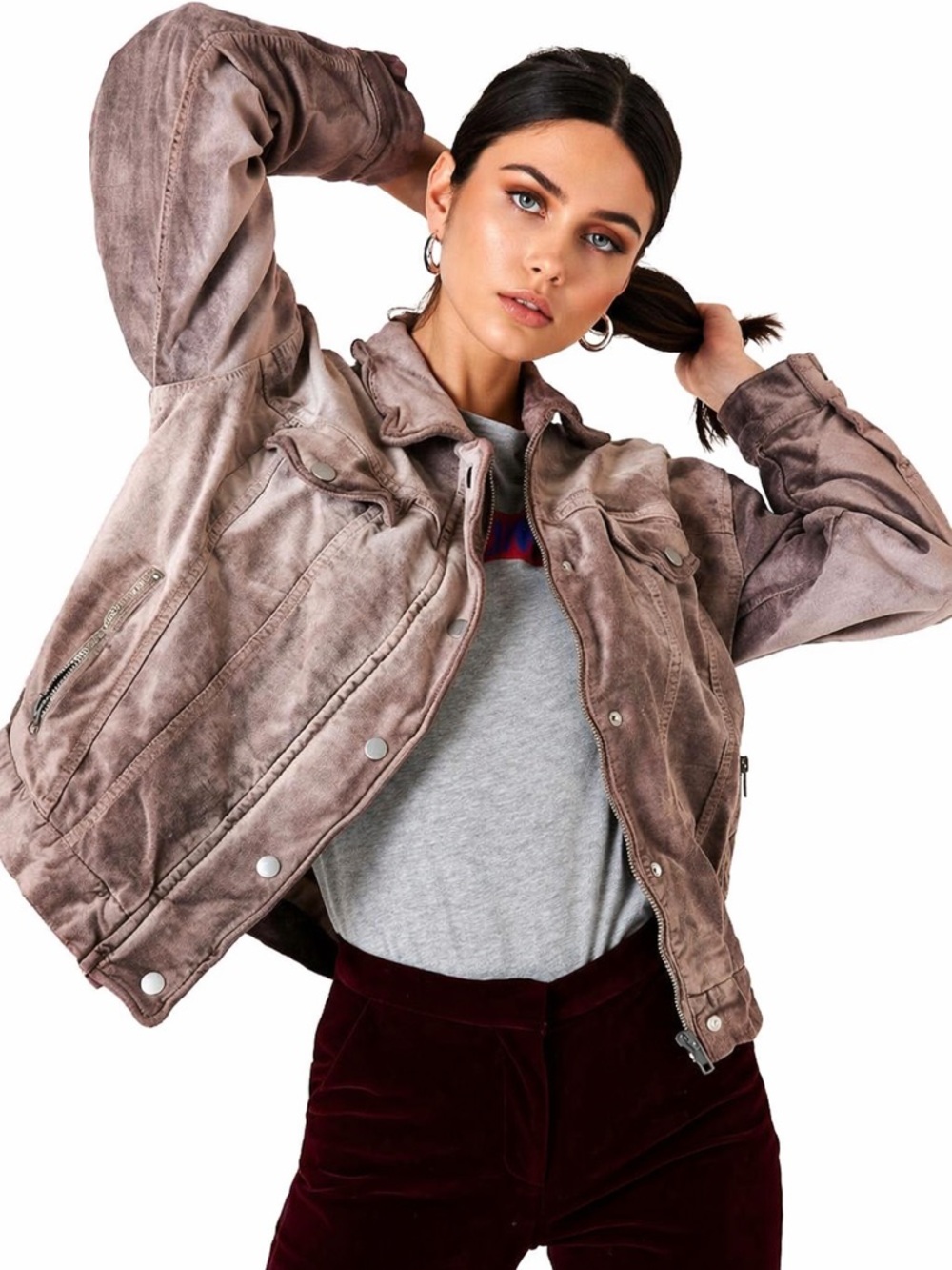 Free People Velvet Mauve Oversized Trucker Jacket Sz XS Fits S / M Spring Chic